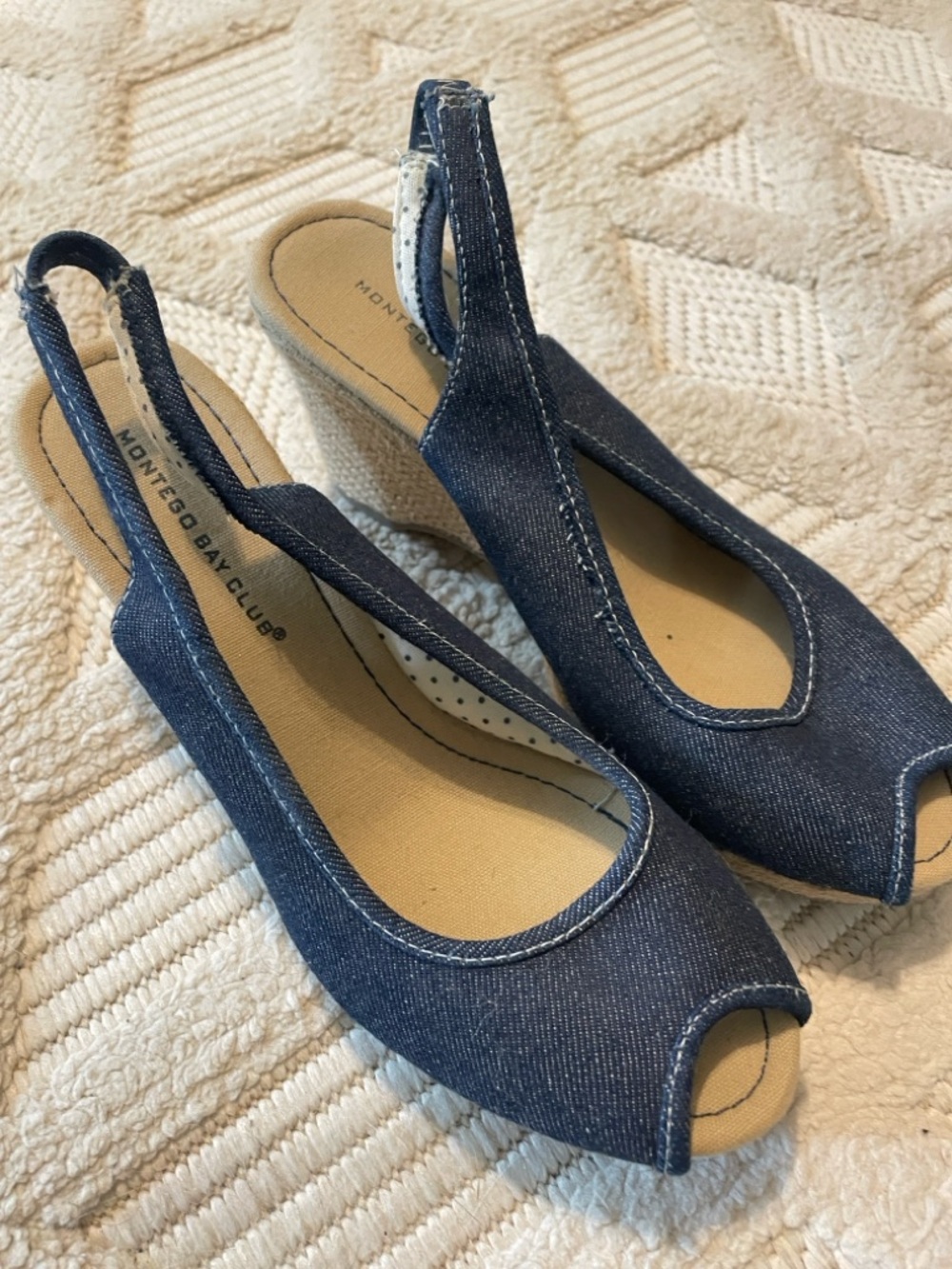 Montego Bay Club Dark Blue Denim Peep-Toe Slingback Wedge Sandals